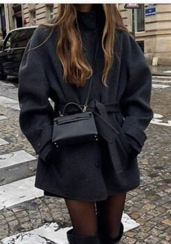 Womens Wool Coat With Belt Mock Neck And Solid Color - Black, M