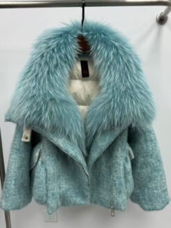 Womens Down Jacket With A Luxurious Cashmere Fur And Raccoon-Fur Collar - Lake Blue, XL