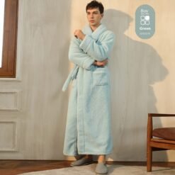 Autumn And Winter Thickened Cotton Velvet Nightgown Men's Winter Plus-sized Plus Size Light Luxury Couple Bathrobe Women's Extended Pajamas - 2102 Young Green Men, XXXL