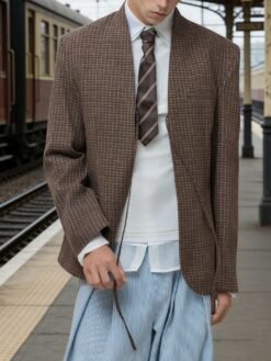 Brown Plaid Collarless Deconstructed Blazer Jacket - Plaid, S