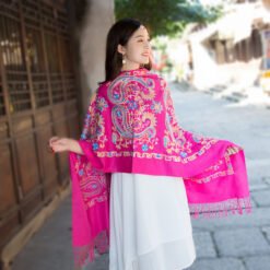 Embroidered Ethnic-Style Great Wall Cashew-Pattern Embroidery Cashmere Scarf - Rose Red, 200cm