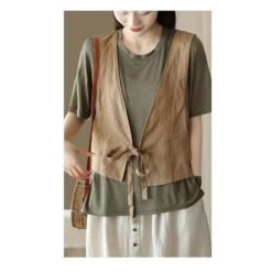 Versatile Ethnic-Style Cotton-Linen Solid-Color Lace-Up Vest Top For Women - Khaki, M