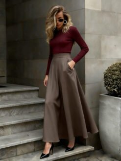 Elegant Solid-Color Skirt For Women - Brown, M