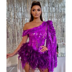 Purple Sequined Feather Skirt One-shoulder Sleeve Short Dress Luxury Party Stage Performance Dress - Purple, L