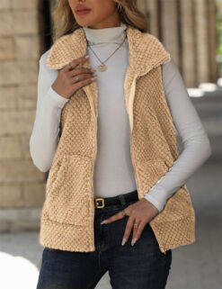 Cardigan Zipper Loose Pocket Double-Sided Fleece Vest - Apricot, S