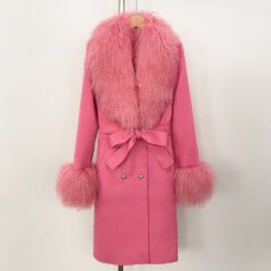 Long Double-faced Wool Coat With A Shearling Collar - Rose Red, L