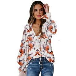 Shiying Autumn Lightweight Floral Chiffon Blouse With Long Sleeves - White With Printed Pattern, 2XL