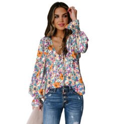Shiying Autumn Lightweight Floral Chiffon Blouse With Long Sleeves - Light Blue, XL