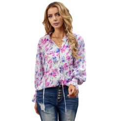 Shiying Autumn Lightweight Floral Chiffon Blouse With Long Sleeves - Rose Red, M