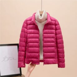 Womens Lightweight Padded Short Down Jacket - Rose Red Stand Collar, 7XL