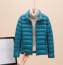 Womens Lightweight Padded Short Down Jacket - Lake Blue Stand Collar, 6XL