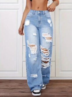 Trendy Washed Ripped Straight Jeans For Women - Blue, S