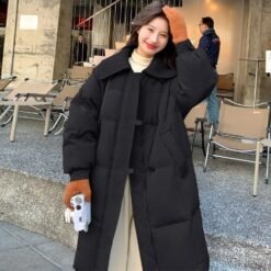 Womens Fashionable Knitted Long Cotton Coat With A Turn-Down Collar - Black, L