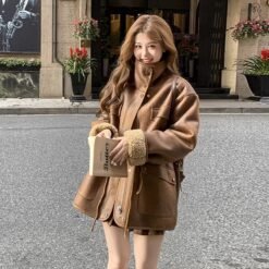 Thickened Lambskin Coat With Integrated Fur Lining - Brown, S