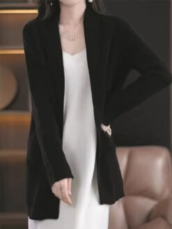 Womens Stylish Loose-fitting Mid-length Knit Cardigan - Black, Free Size