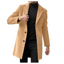 Mens Mid-length Long-sleeve Wool Coat Autumnwinter Wool Outerwear - Khaki, XXL