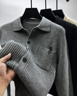 Casual Solid-Color Pocket Lapel Knit Sweater Coat - Gray, XXL