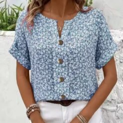 Womens Casual Plant-Print Jacquard Collar Short-Sleeve T-Shirt - JM72, 3XL