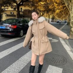 Womens Stylish Casual Loose-fitting Cotton-padded Coat - Khaki, XL