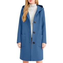 Womens Double-Faced Wool Coat With Hood - Blue, L