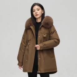 Mid-length Versatile Cotton Coat That Hits Below The Knee With A Fur-trimmed Collar - Coffee, 2XL