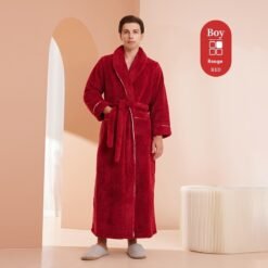 Autumn And Winter Thickened Cotton Velvet Nightgown Men's Winter Plus-sized Plus Size Light Luxury Couple Bathrobe Women's Extended Pajamas - 2102 Angola Red Men, M