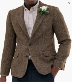 Mens Brown And Gray Herringbone Wool Suit Jacket - Brown, M