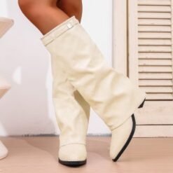 Autumn Chunky-Heel Plus-Size British-Style Over-the-Knee Boots - Beige Cloth Cover, 39