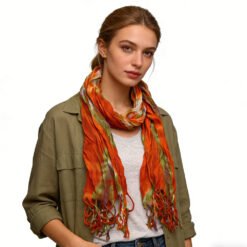 Orange Red Printed Viscose Scarf - Lightweight Dress Scarf 69inchx20inch