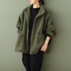Plus-size Loose-fitting Long-sleeve Womens Casual Lambswool Coat - Green, L
