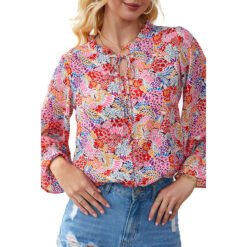 Shiying Autumn Lightweight Floral Chiffon Blouse With Long Sleeves - Red Printed, S