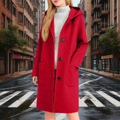 Womens Double-Faced Wool Coat With Hood - Red, S