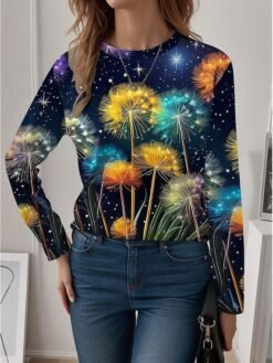 Womens Casual T Shirt With 3D Printed Crew Neck And Long Sleeves - WA28ZQ250325Y085, M