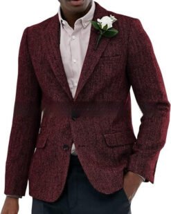 Mens Brown And Gray Herringbone Wool Suit Jacket - Wine Red, XS