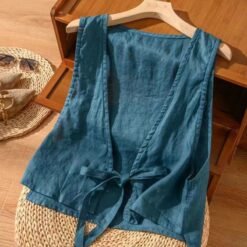 Versatile Ethnic-Style Cotton-Linen Solid-Color Lace-Up Vest Top For Women - Blue, 2XL