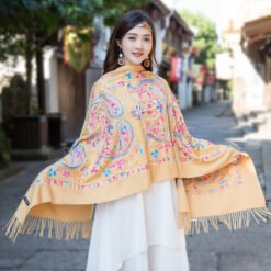 Embroidered Ethnic-Style Great Wall Cashew-Pattern Embroidery Cashmere Scarf - Turmeric, 200cm