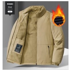 Mens Casual Padded Stand-collar Sports Jacket - Khaki Plus Velvet, 2XL