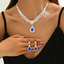 Stylish And Chic Diamond-studded Teardrop Flower Necklace And Earring Set - Silver Treasure Blue
