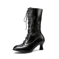 Cross-front Lace-up Low-heeled Womens Mid-calf Boots - Black, 37