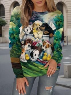 Womens Casual T Shirt With 3D Printed Crew Neck And Long Sleeves - WA28ZQ250325Y084, S