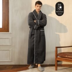 Autumn And Winter Thickened Cotton Velvet Nightgown Men's Winter Plus-sized Plus Size Light Luxury Couple Bathrobe Women's Extended Pajamas - 2102 Black And Gray Men, XL