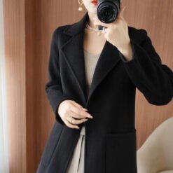 Mid-length Wool Casual Chic Coat - Black, 3XL