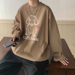 Cartoon Puppy Printed Long Sleeve T-shirt - Khaki, 5XL