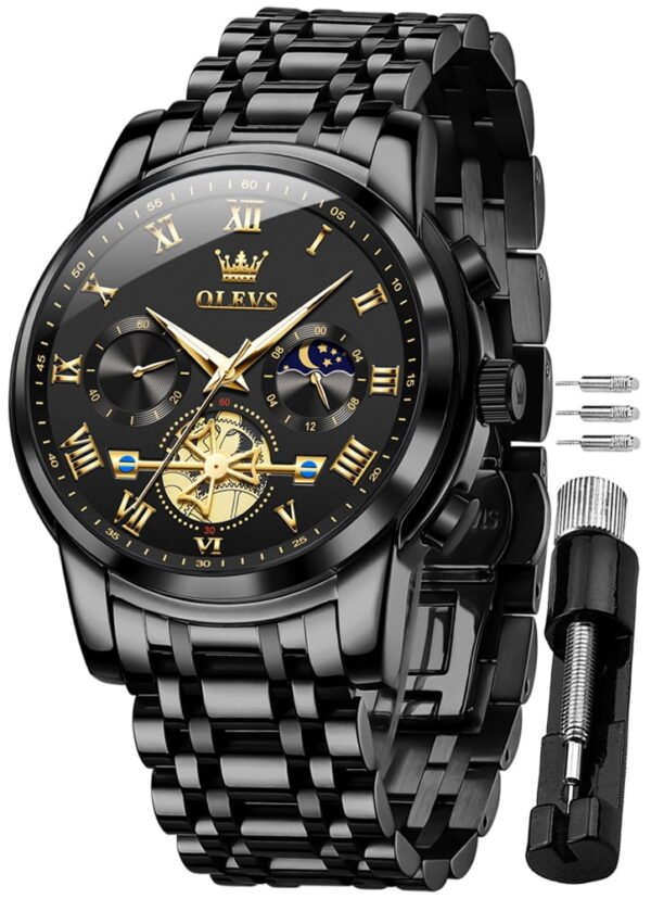 OLEVS Mens Watches Chronograph Business Dress Quartz Stainless Steel Waterproof Luminous Date Wrist Watch For Men Black Dial