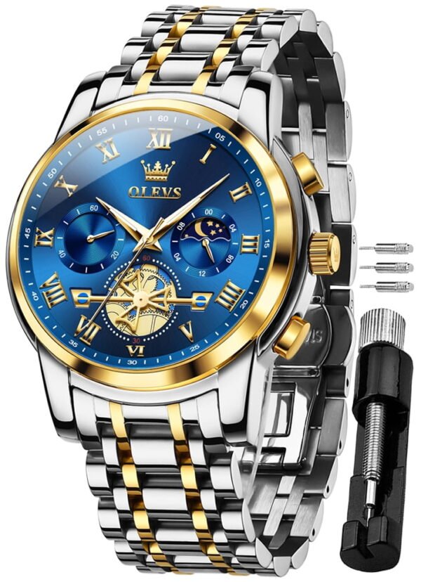 OLEVS Mens Watches Chronograph Business Dress Quartz Stainless Steel Waterproof Luminous Date Wrist Watch For Men Blue Dial