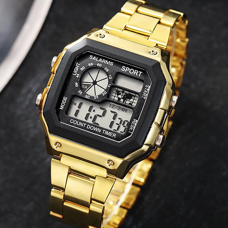 yikaze luxury stainless steel strap sport watches men military digital watches waterproof clock led men's sport wristwatch