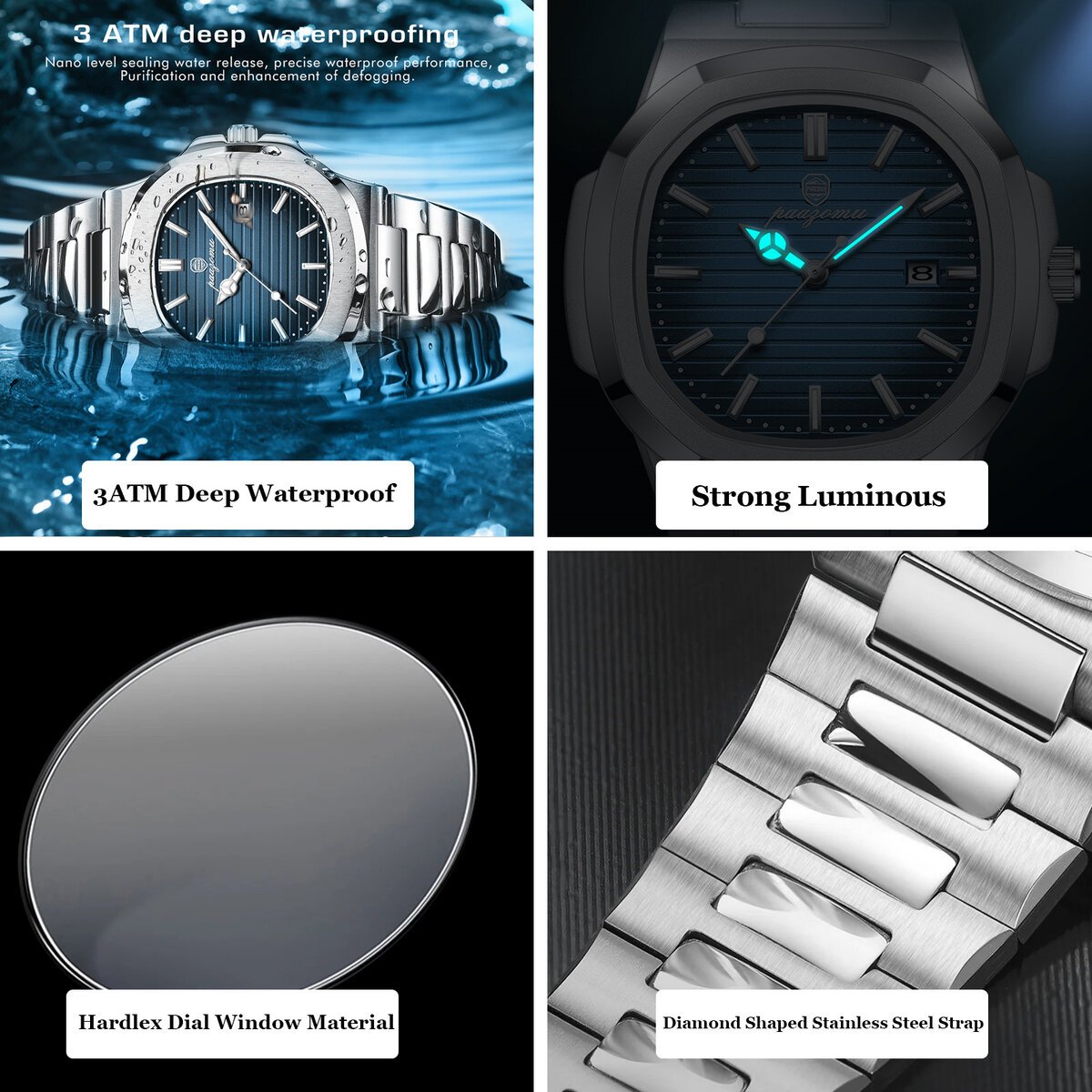paazomu luxury watch business 50 atm waterproof male clock luminous date stainless steel square quartz men watches reloj hombre paazomu luxury watch business 50 atm waterproof male clock luminous date stainless steel square quartz men watches reloj hombre
