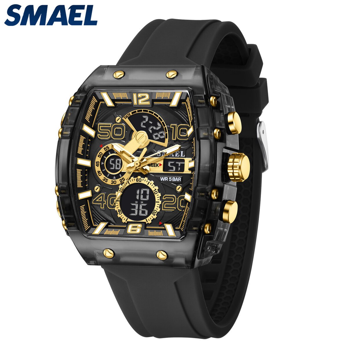 smael brand 8109 new electronic watch fashion square dual display waterproof luminous multi color for men