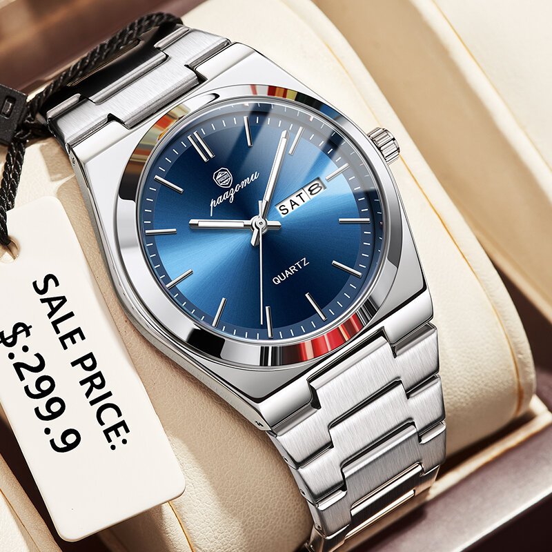 paazomu luxury quartz man wristwatch sport men watches waterproof luminous date week stainless steel men's watch male reloj+box