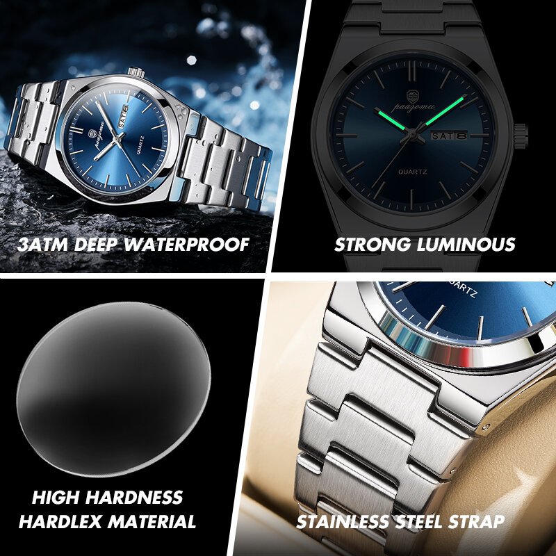 paazomu luxury quartz man wristwatch sport men watches waterproof luminous date week stainless steel men's watch male reloj+box paazomu luxury quartz man wristwatch sport men watches waterproof luminous date week stainless steel men's watch male reloj+box